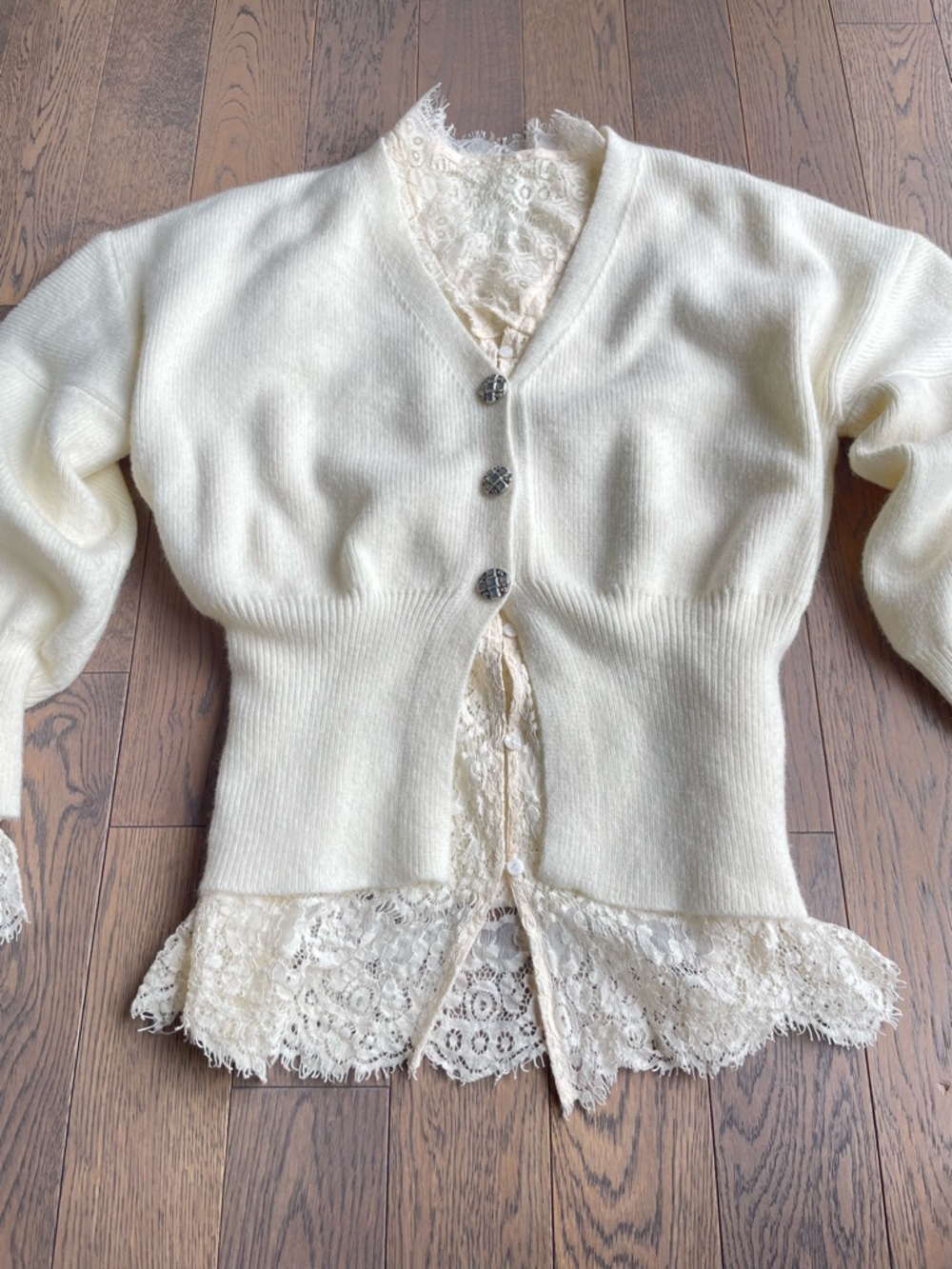 Cream Lace-Trim V-Neck Women's Cardigan Sweater - Picture 10 of 10